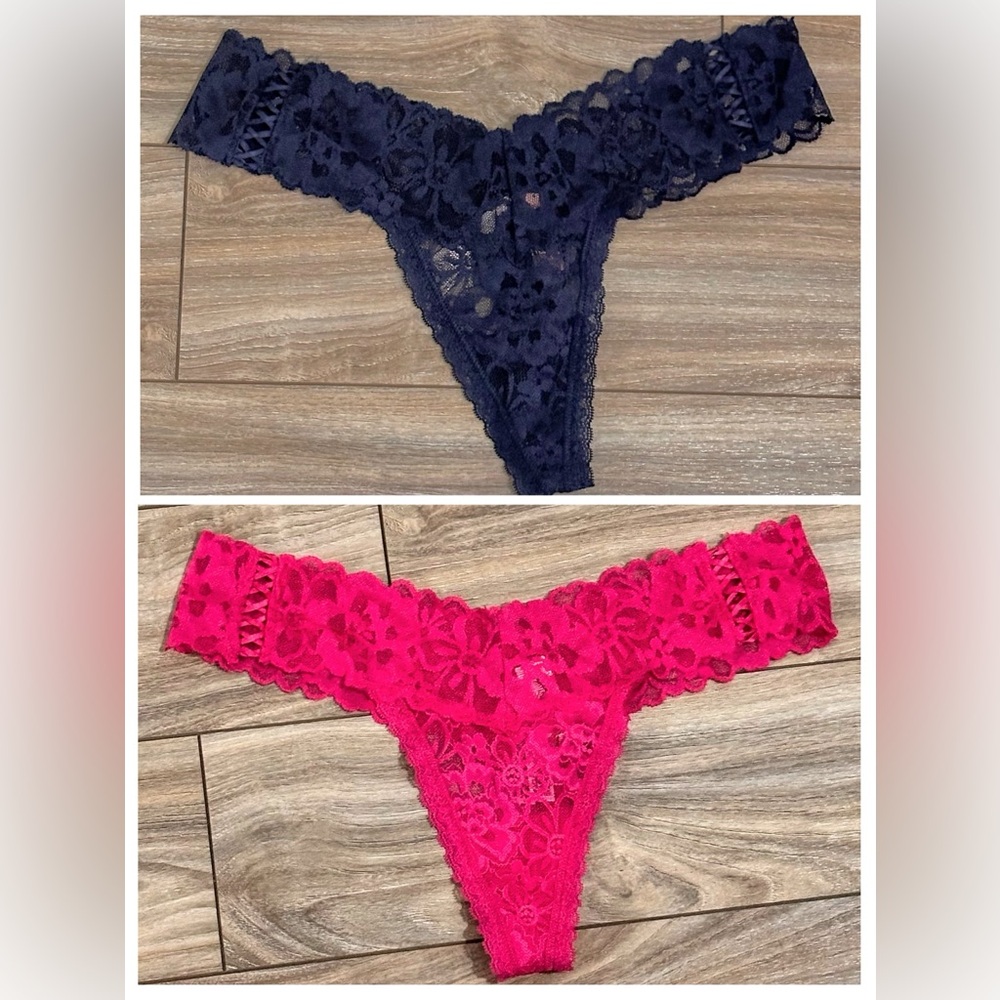 NWT Victoria's Secret Hot Pink and Navy Blue Lace Thong Bundle size Medium